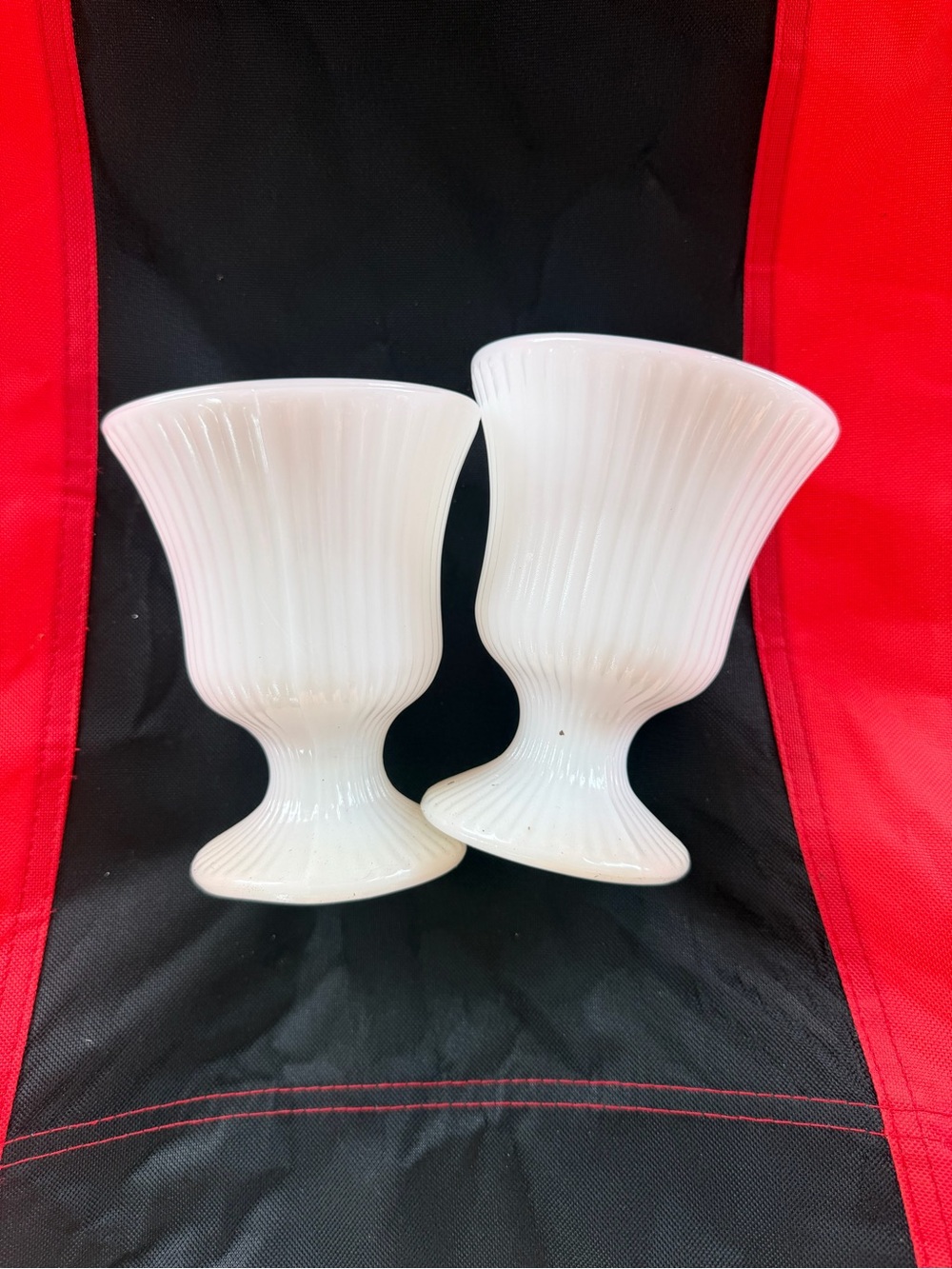White Ribbed Milk Glass Urn Vases -
